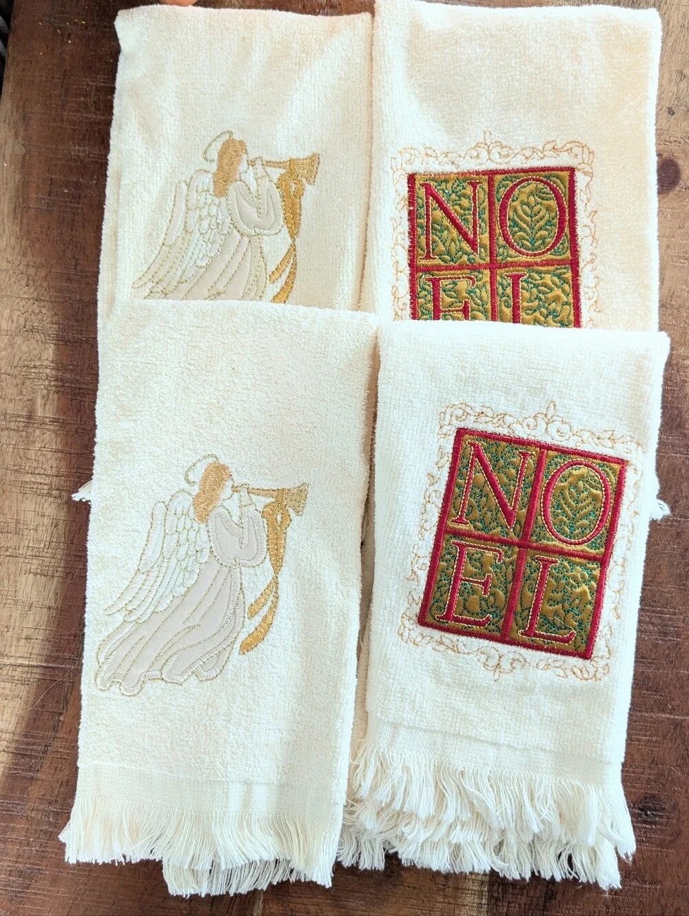 Christmas Hand Towels Embroidered Fringed Vintage Noel Angels Set of 4